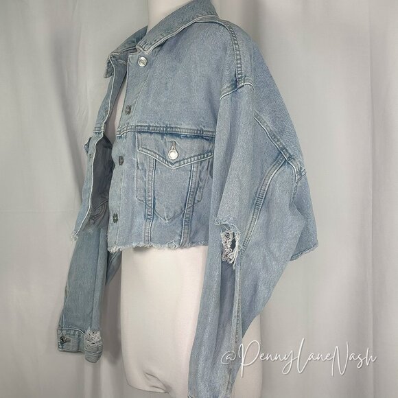 Zara Raw Cut Off Hem Distressed Cropped Denim Jacket - Picture 8 of 9